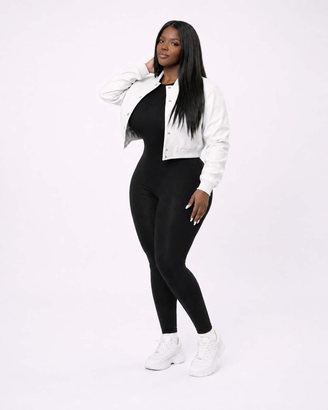 Women’s Crop Leather Bomber Jacket [White]