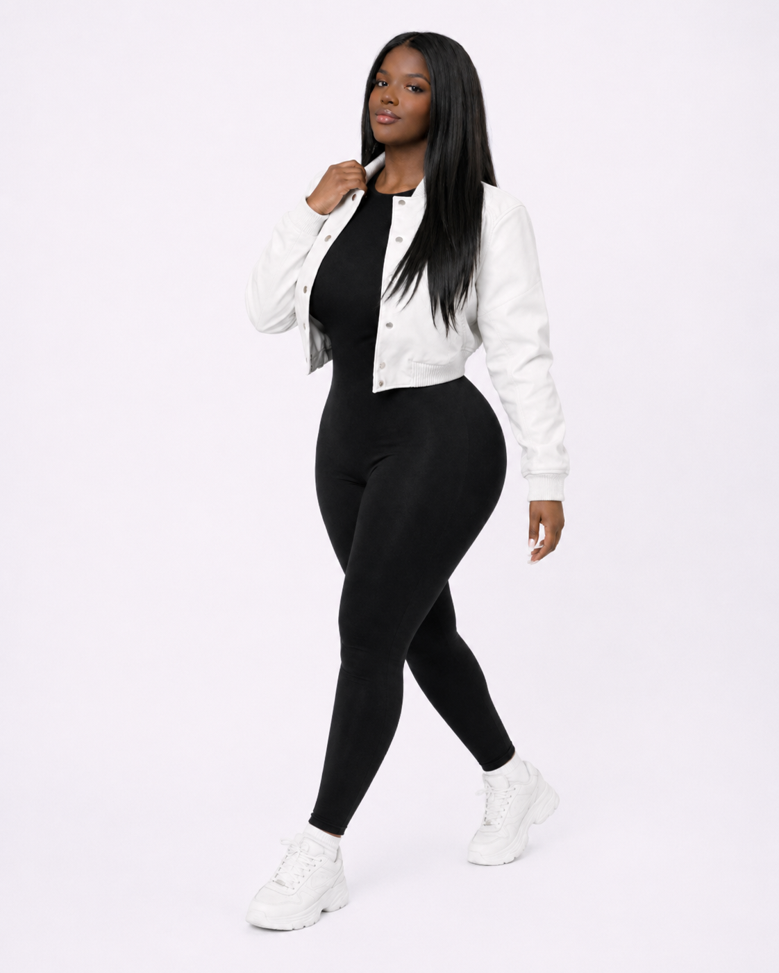 Women’s Crop Leather Bomber Jacket [White]