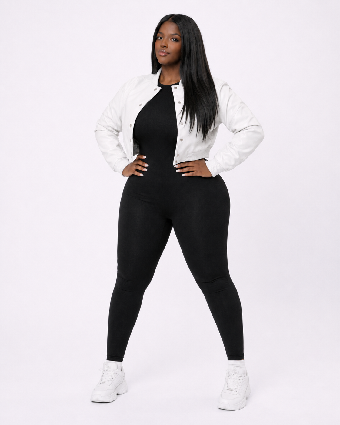 Women’s Crop Leather Bomber Jacket [White]