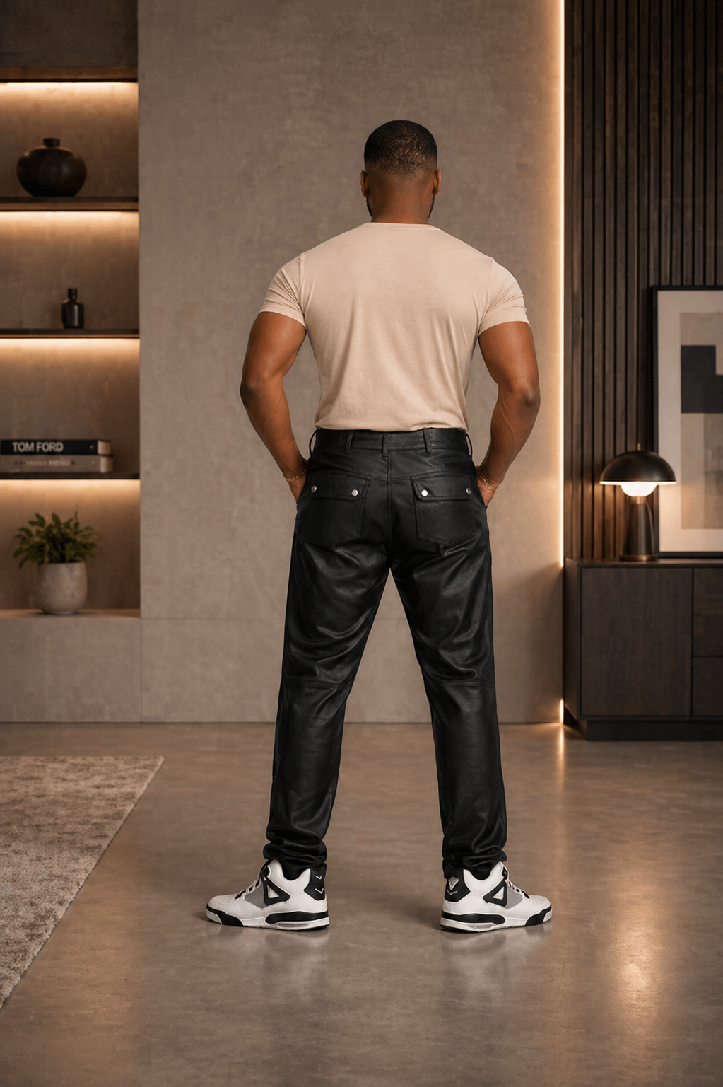 Men’s Black Leather Cargo Pants with Front Pockets