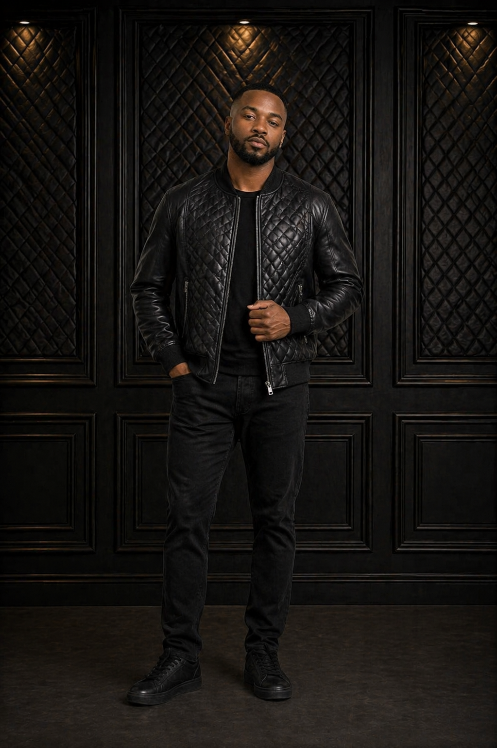 Men’s Black Quilted Leather Baseball Bomber Jacket