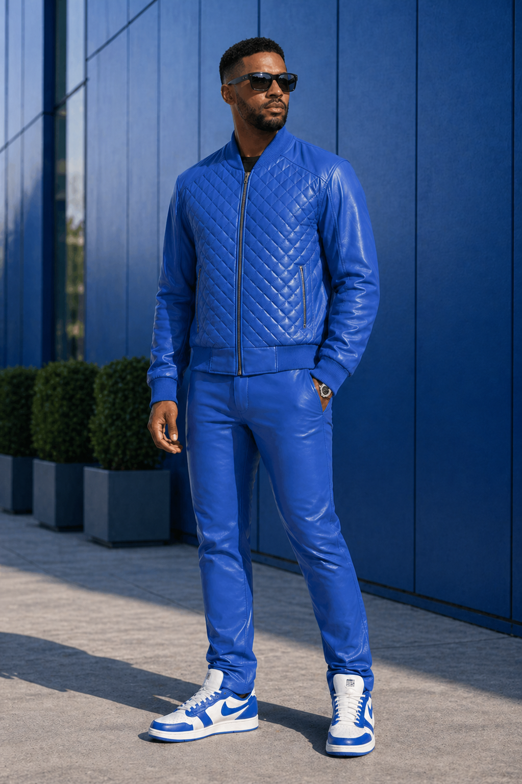 Diamond Quilted Blue Baseball Bomber Set for Men (Blue)
