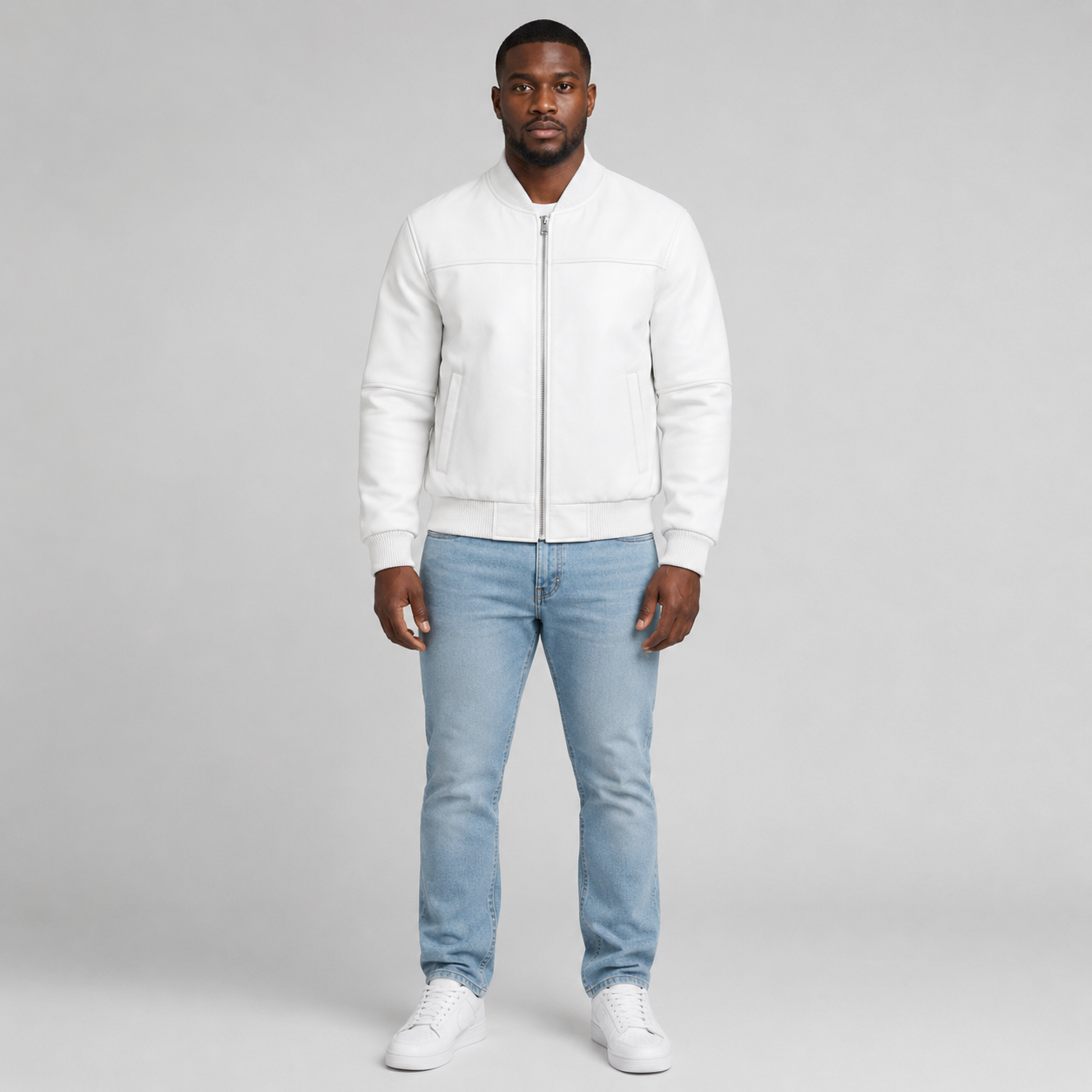 Men’s White Leather Bomber Jacket
