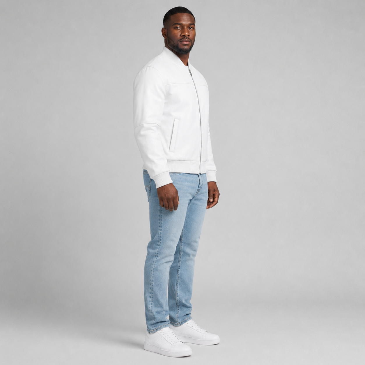 Men’s White Leather Bomber Jacket