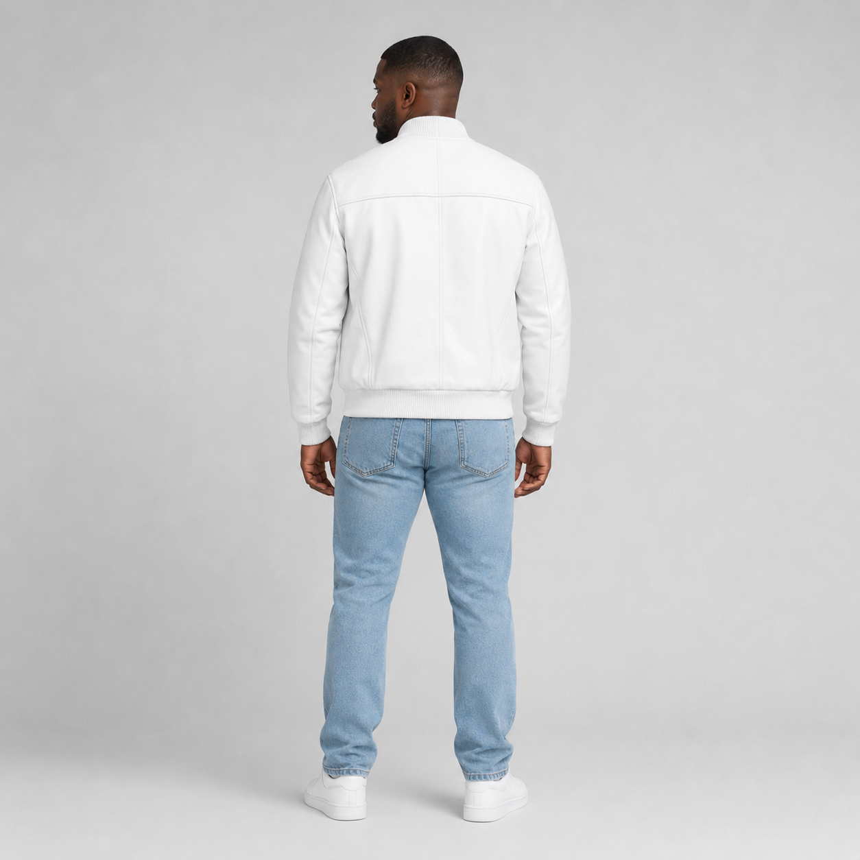 Men’s White Leather Bomber Jacket
