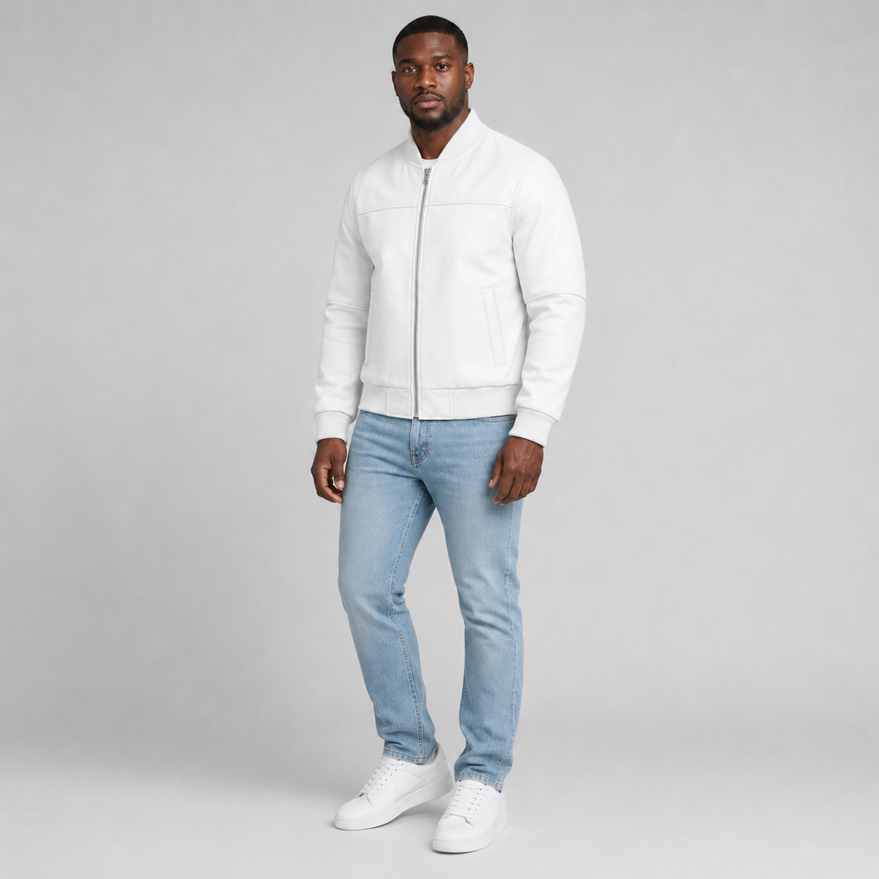 Men’s White Leather Bomber Jacket