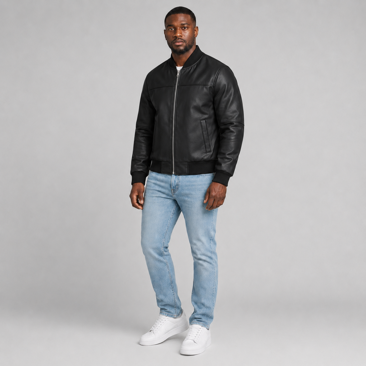 Men’s Black Leather Bomber Jacket