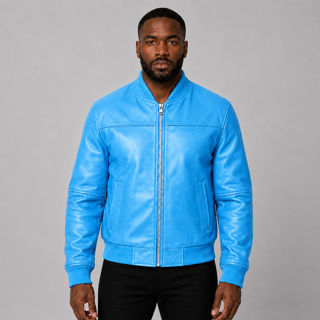 Men’s Sky Blue Leather Bomber Jacket