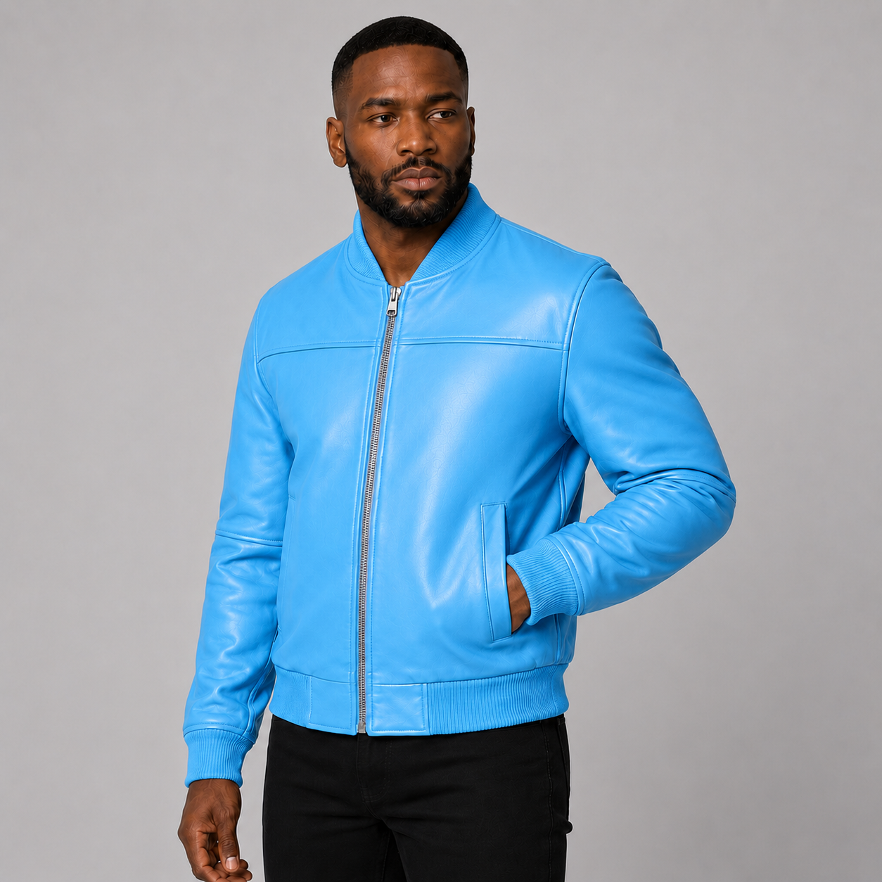 Men’s Sky Blue Leather Bomber Jacket