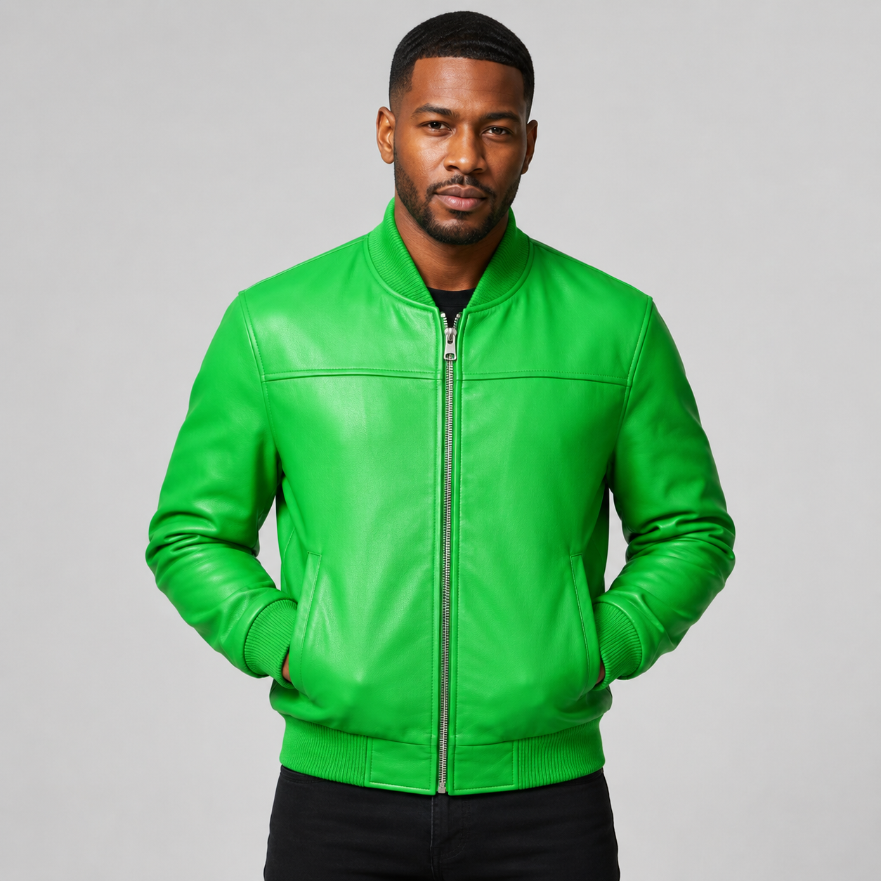 Men’s Green Leather Bomber Jacket