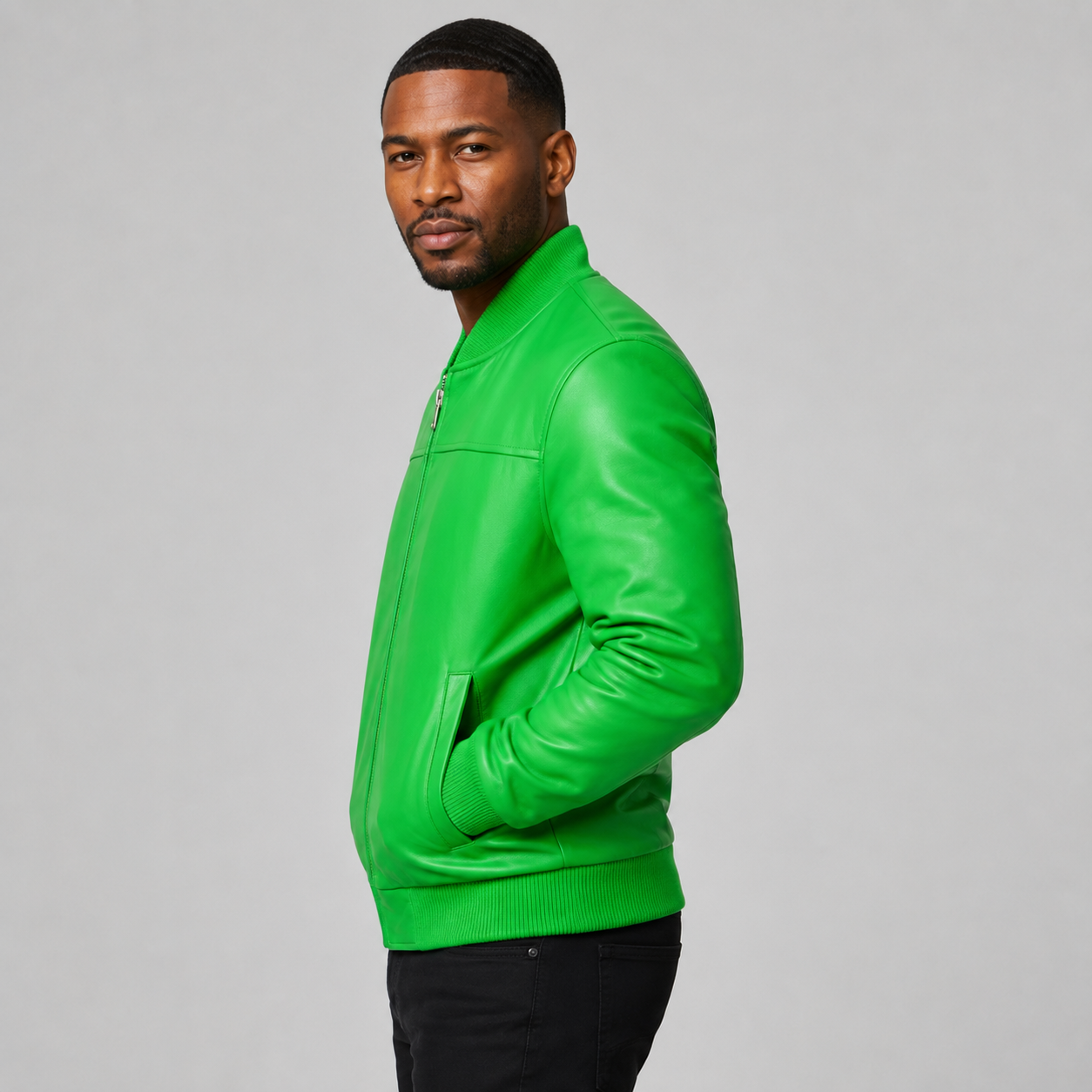 Men’s Green Leather Bomber Jacket