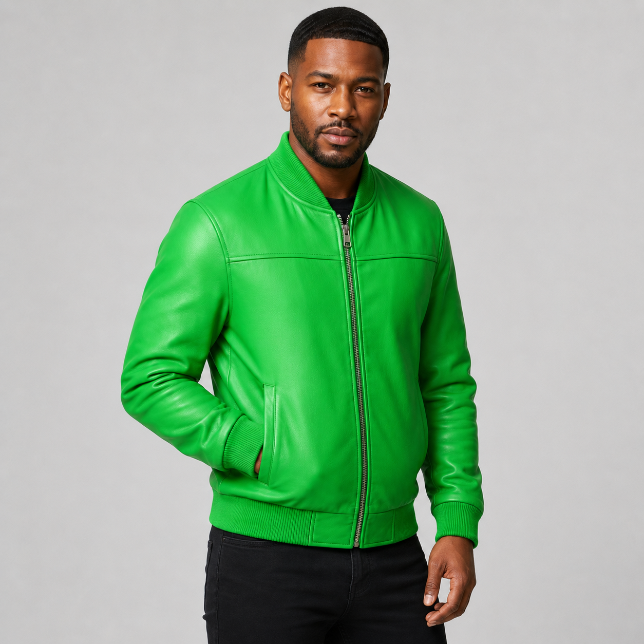 Men’s Green Leather Bomber Jacket