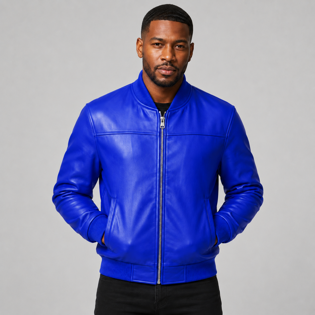 Men’s Royal Blue Leather Bomber Jacket
