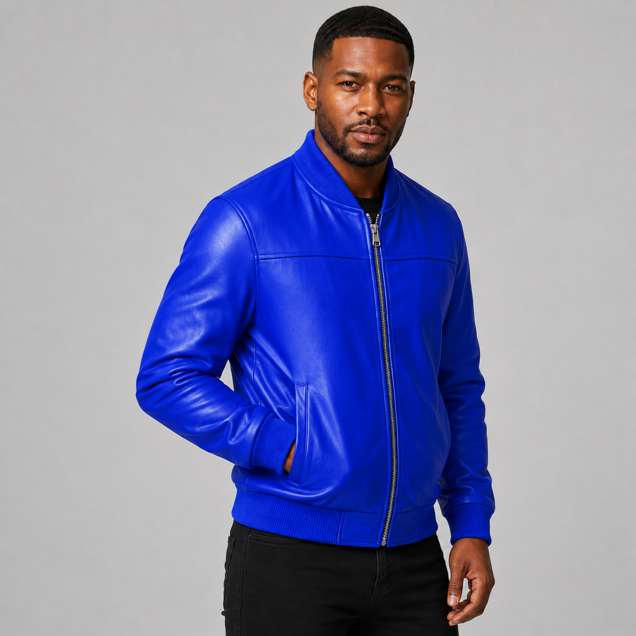 Men’s Royal Blue Leather Bomber Jacket