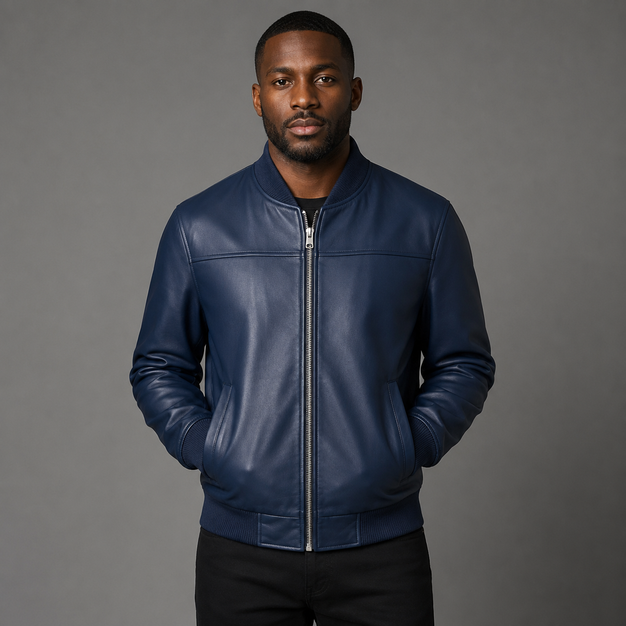 Men’s Navy Blue Leather Bomber Jacket