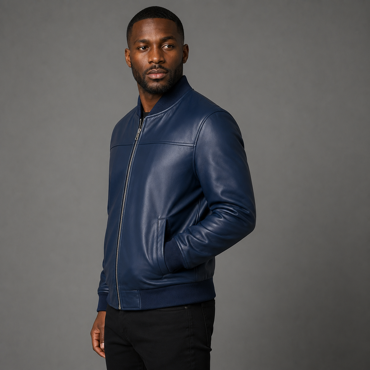 Men’s Navy Blue Leather Bomber Jacket