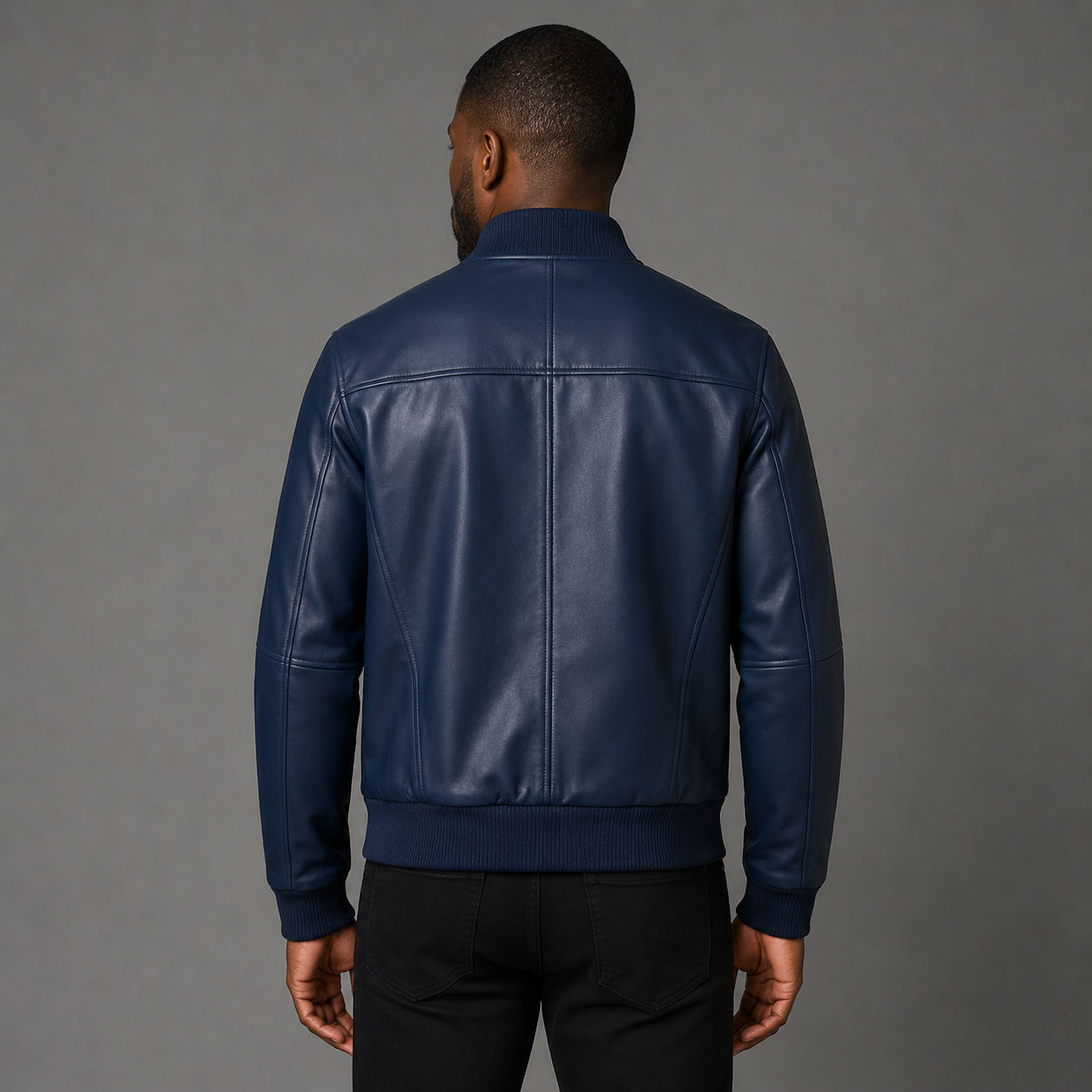 Men’s Navy Blue Leather Bomber Jacket
