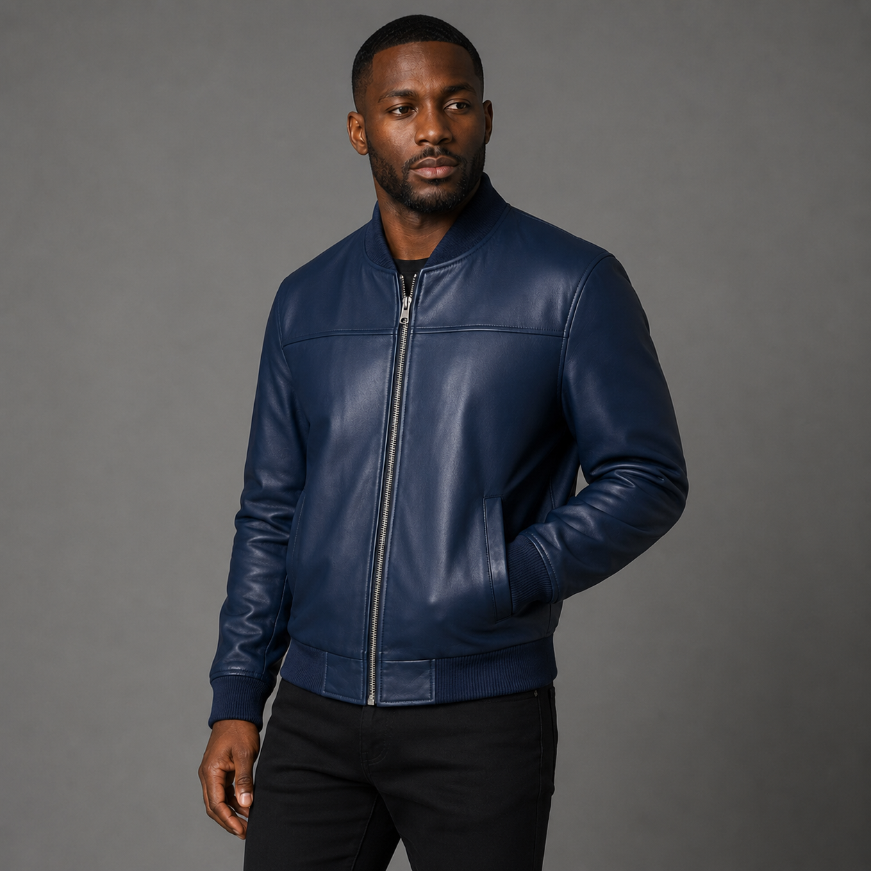 Men’s Navy Blue Leather Bomber Jacket