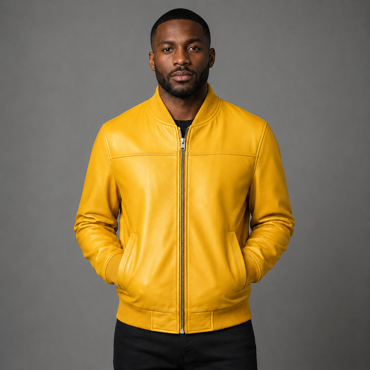 Men’s Yellow Leather Bomber Jacket