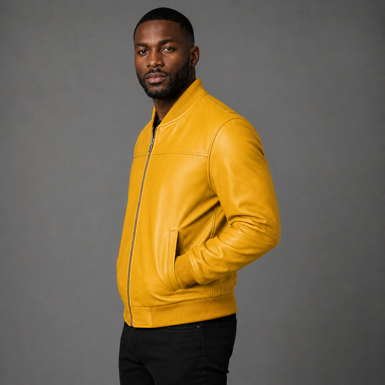 Men’s Yellow Leather Bomber Jacket