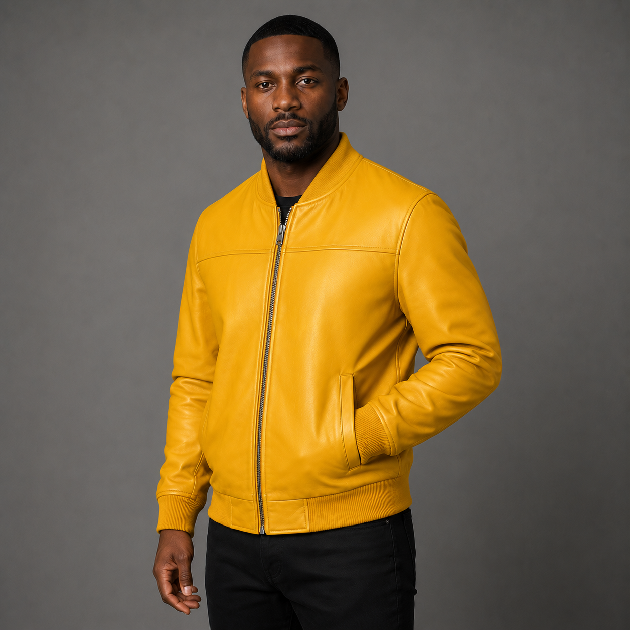 Men’s Yellow Leather Bomber Jacket