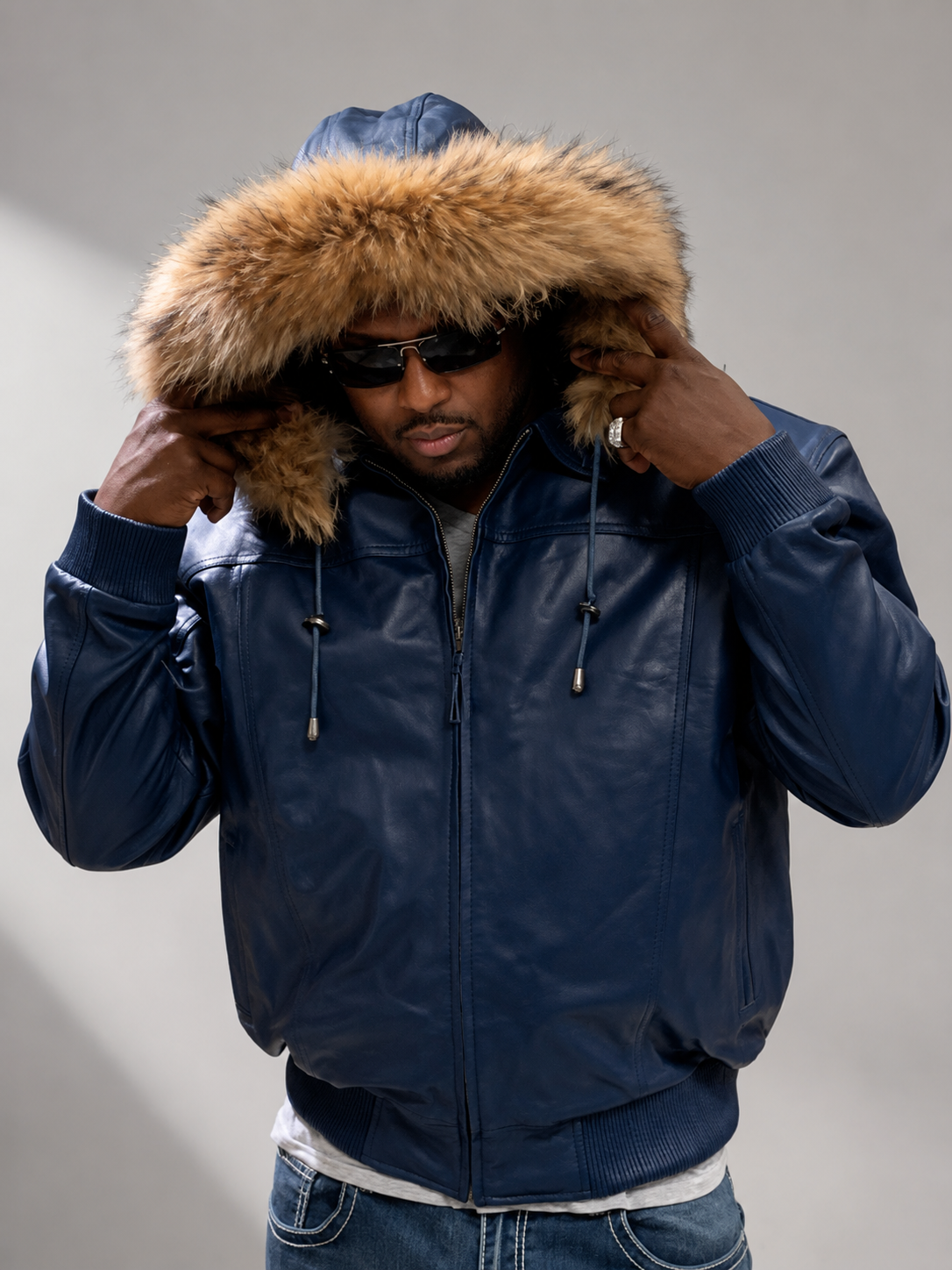 Men's Leather Jacket Bomber C [Blue]