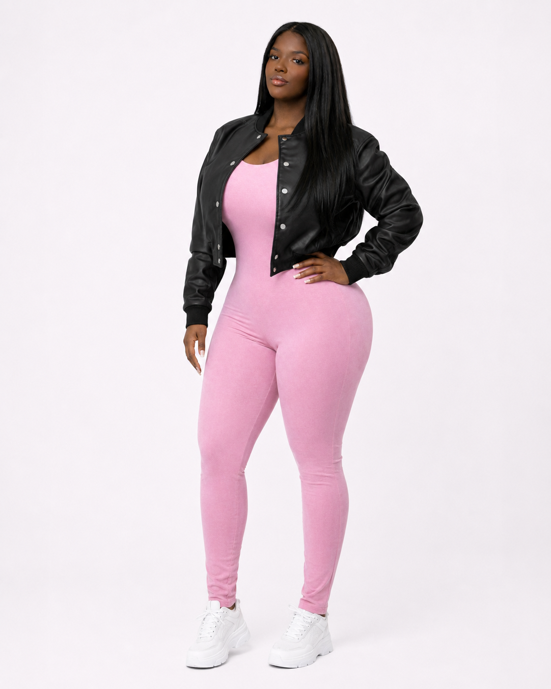 Women’s Crop Leather Bomber Jacket [Black]