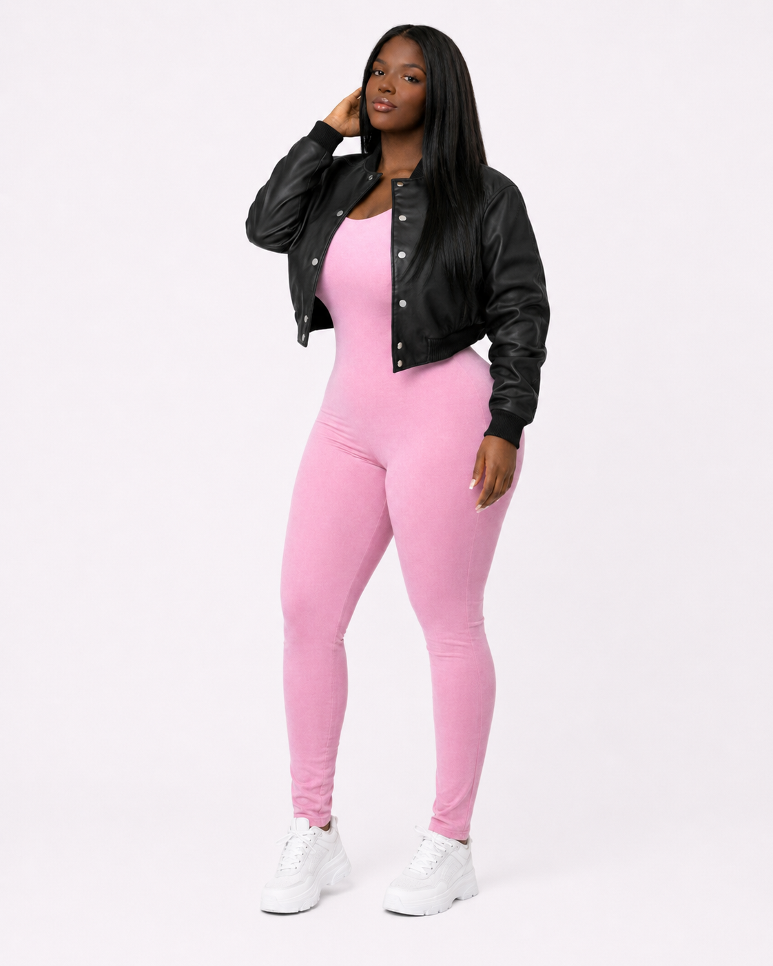 Women’s Crop Leather Bomber Jacket [Black]