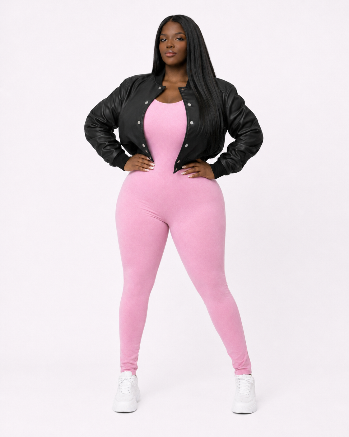 Women’s Crop Leather Bomber Jacket [Black]