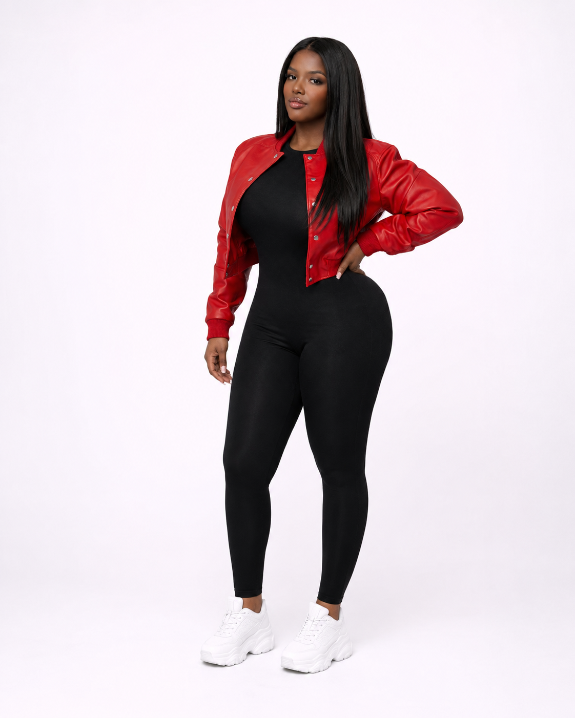 Women’s Crop Leather Bomber Jacket [Red]