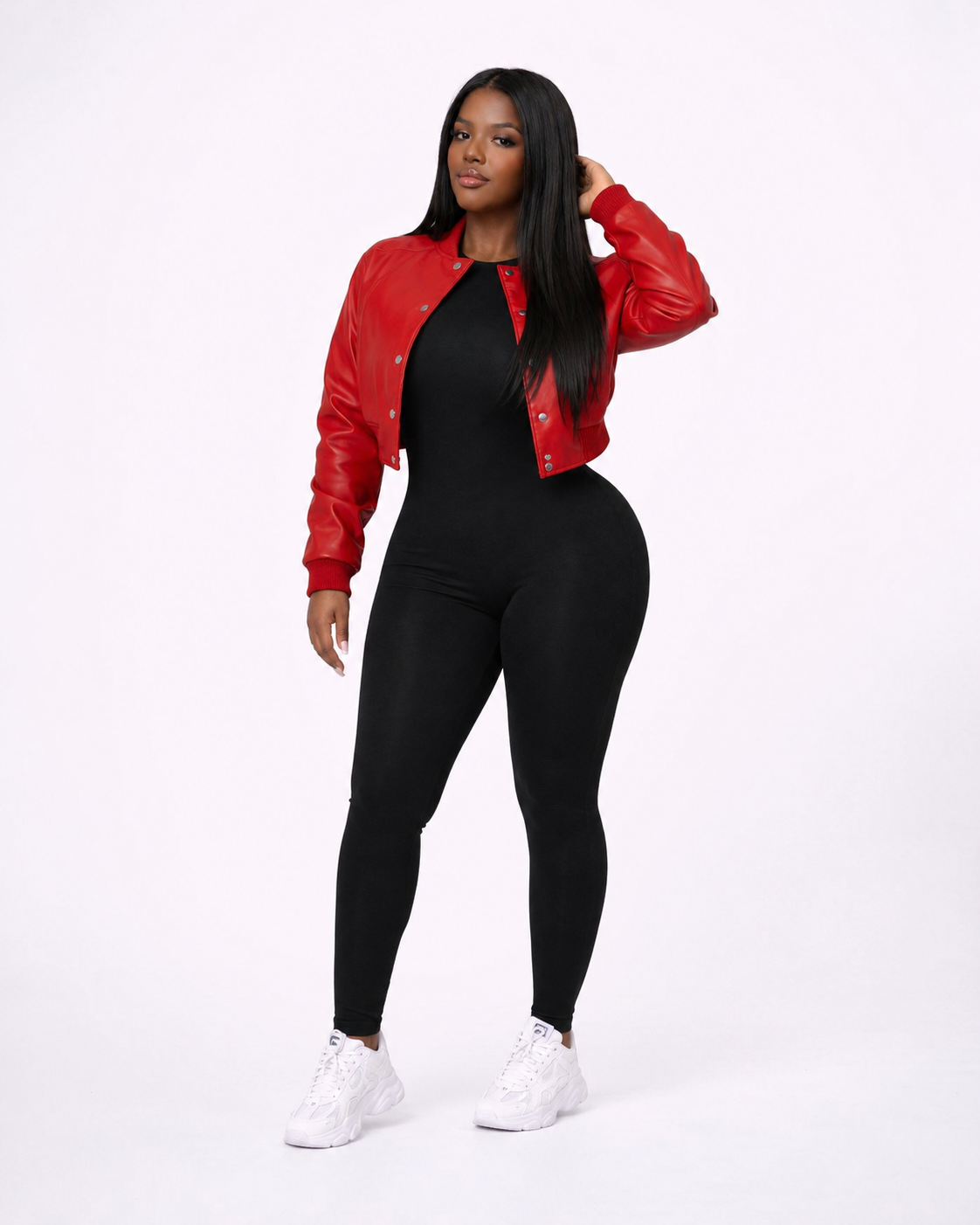 Women’s Crop Leather Bomber Jacket [Red]