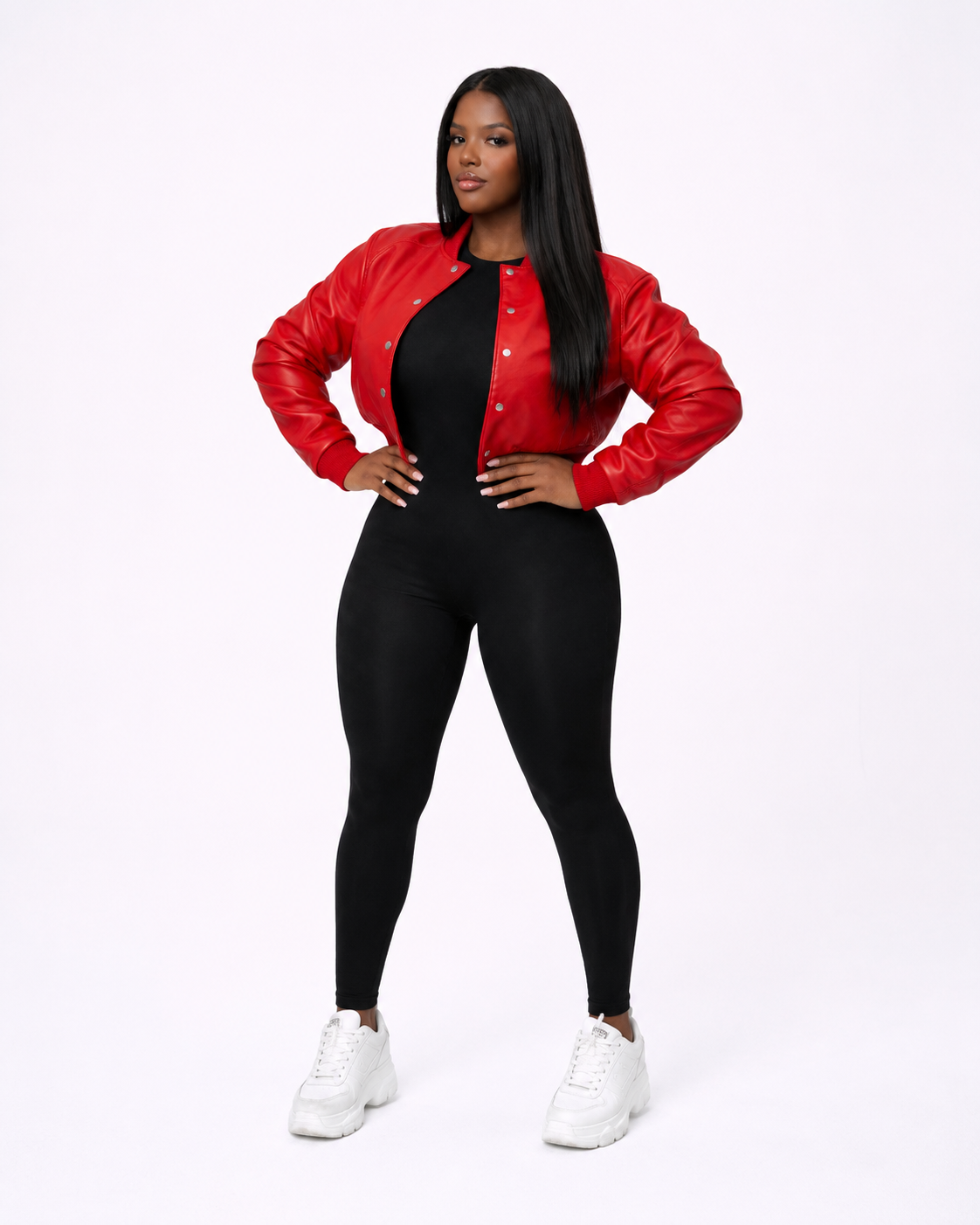Women’s Crop Leather Bomber Jacket [Red]