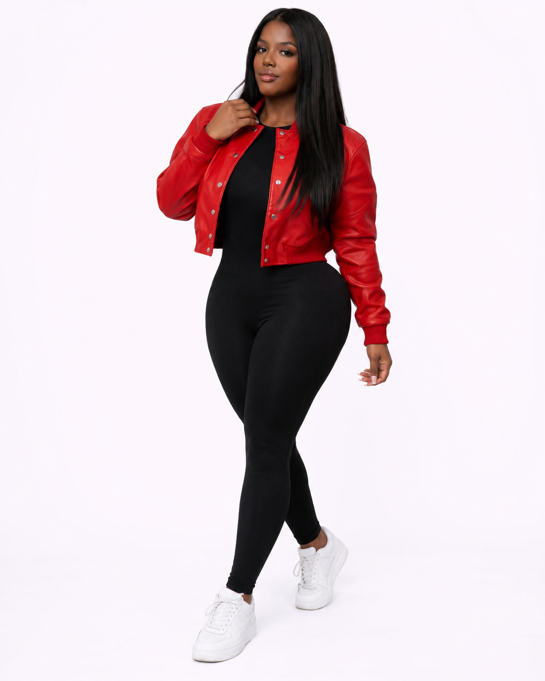 Women’s Crop Leather Bomber Jacket [Red]