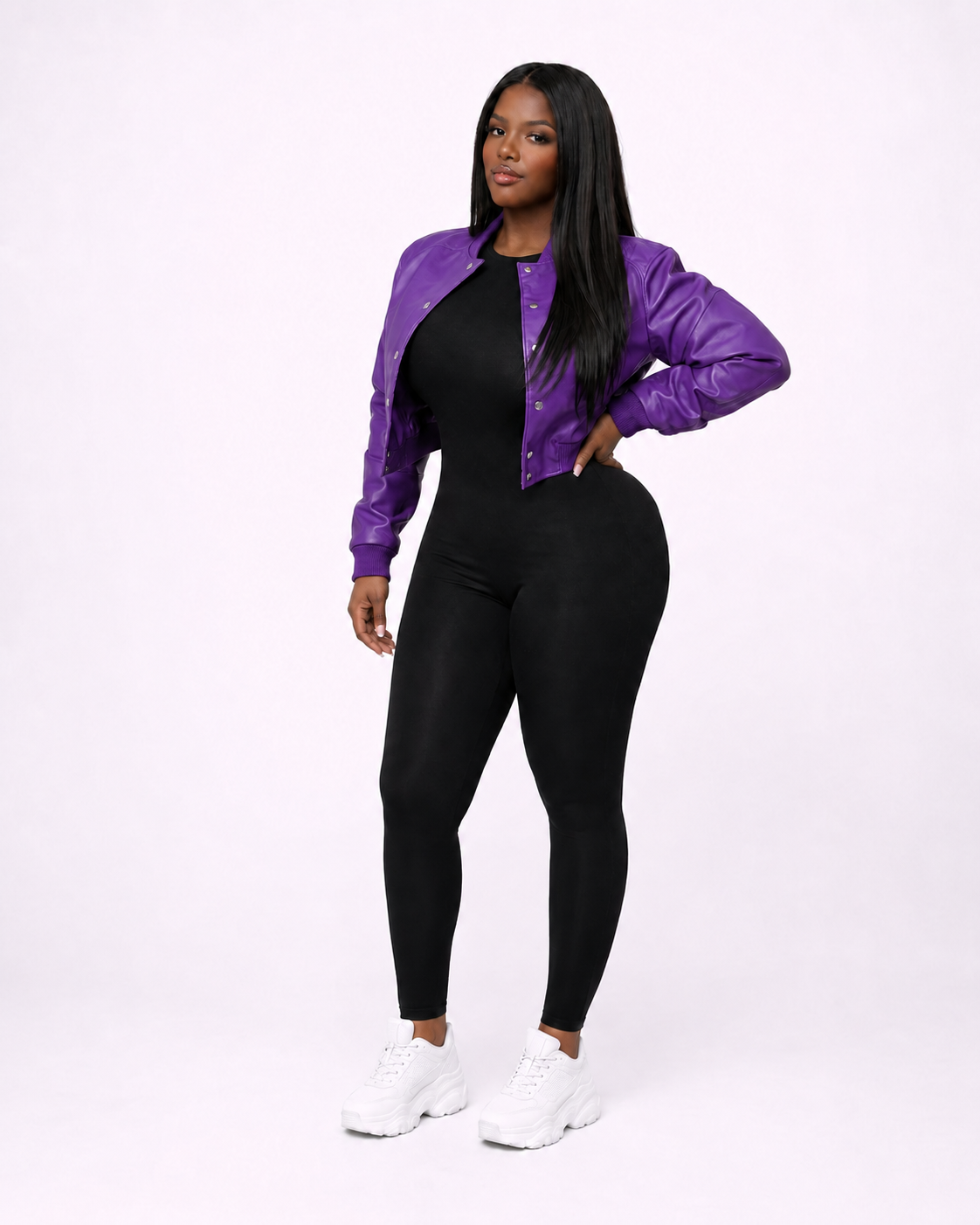 Women’s Crop Leather Bomber Jacket [Purple]