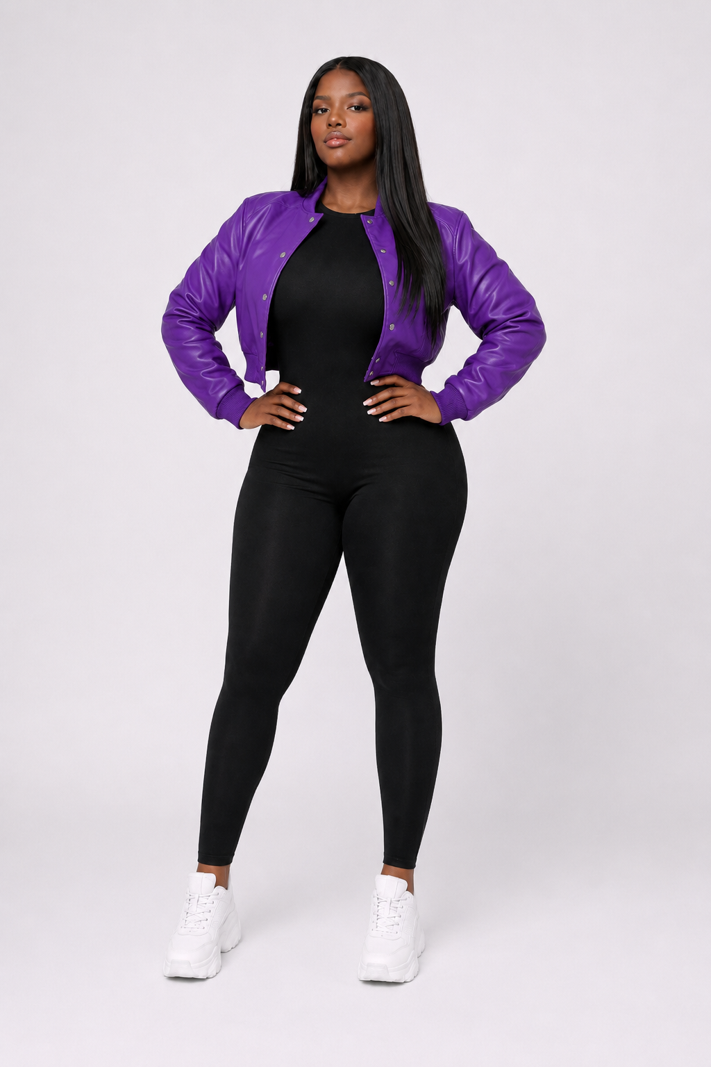 Women’s Crop Leather Bomber Jacket [Purple]