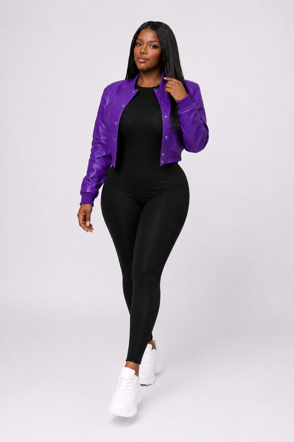 Women’s Crop Leather Bomber Jacket [Purple]