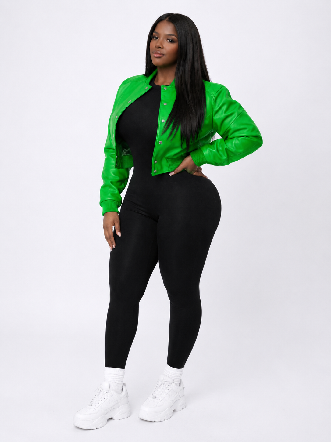 Women’s Crop Leather Bomber Jacket [Green]