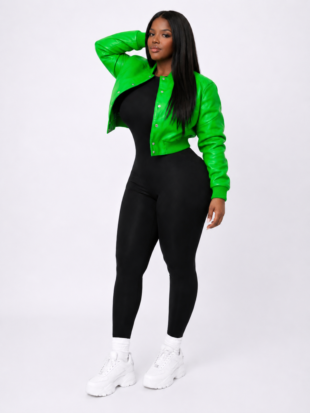 Women’s Crop Leather Bomber Jacket [Green]