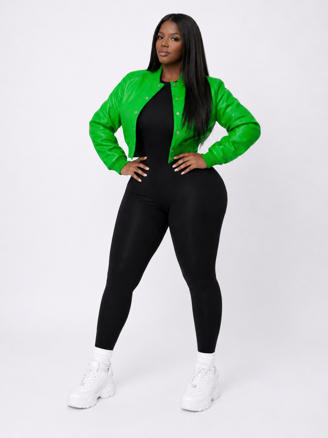 Women’s Crop Leather Bomber Jacket [Green]