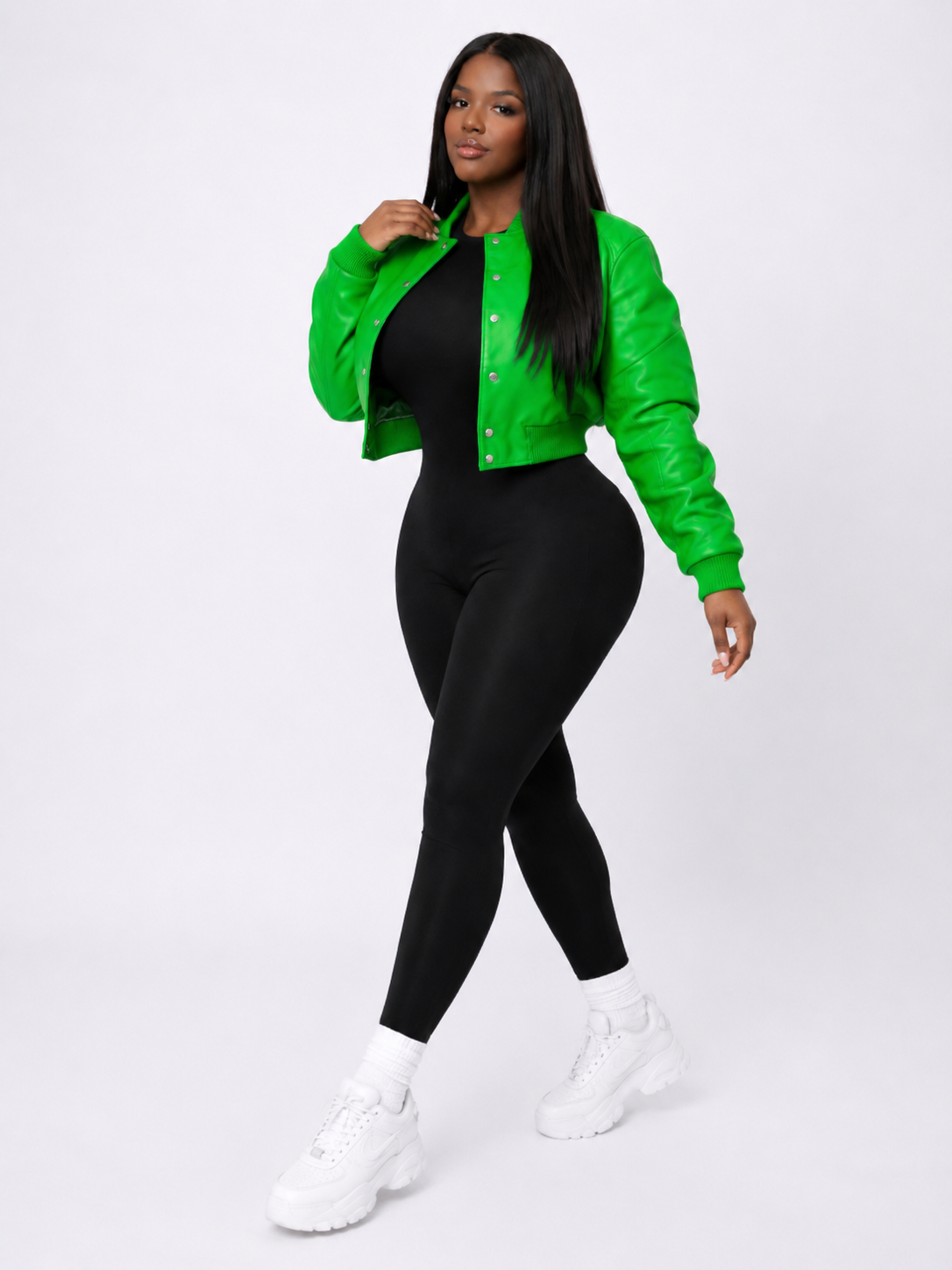 Women’s Crop Leather Bomber Jacket [Green]