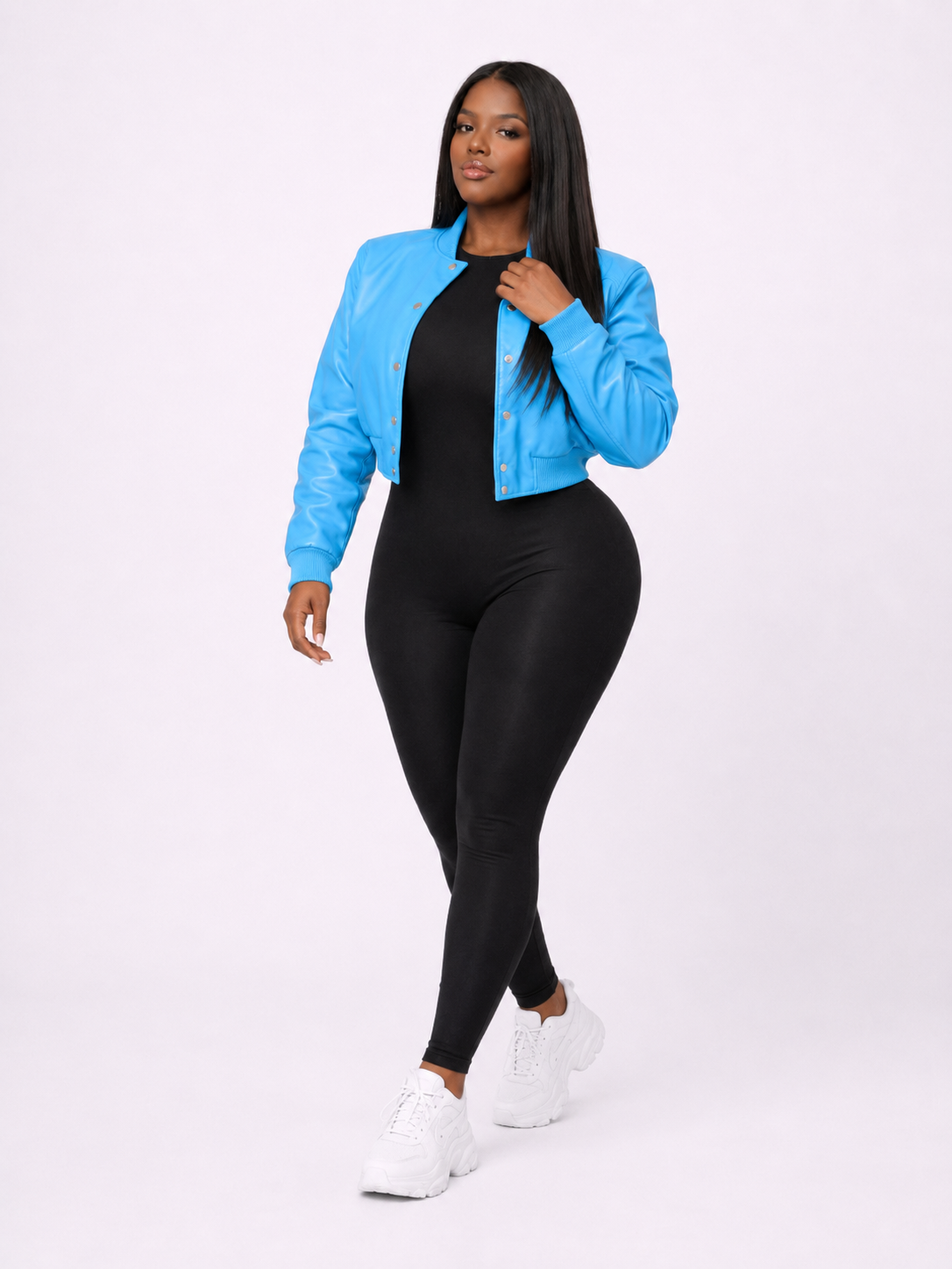 Women’s Crop Leather Bomber Jacket [Sky Blue]