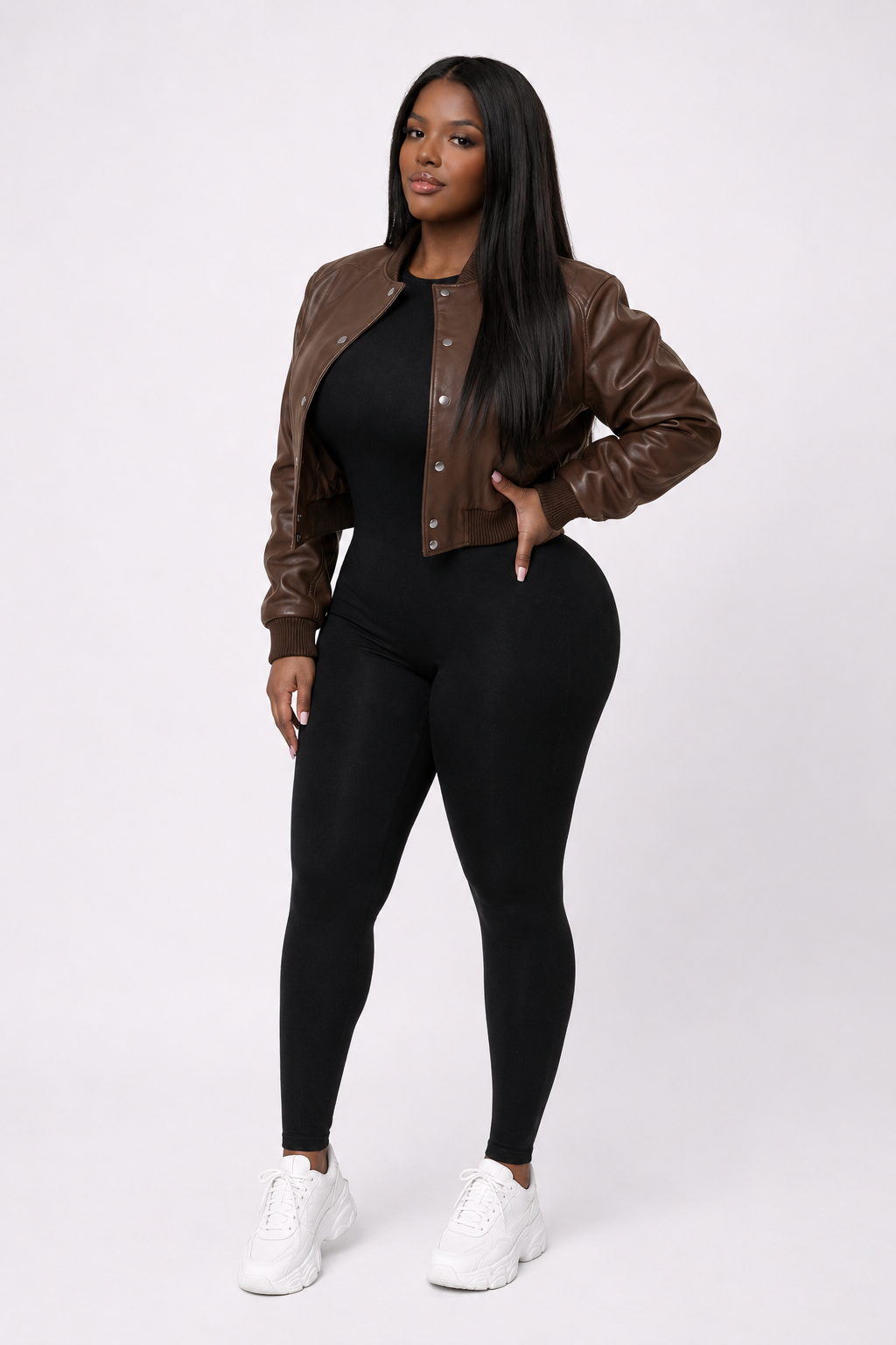 Women’s Crop Leather Bomber Jacket [Brown]