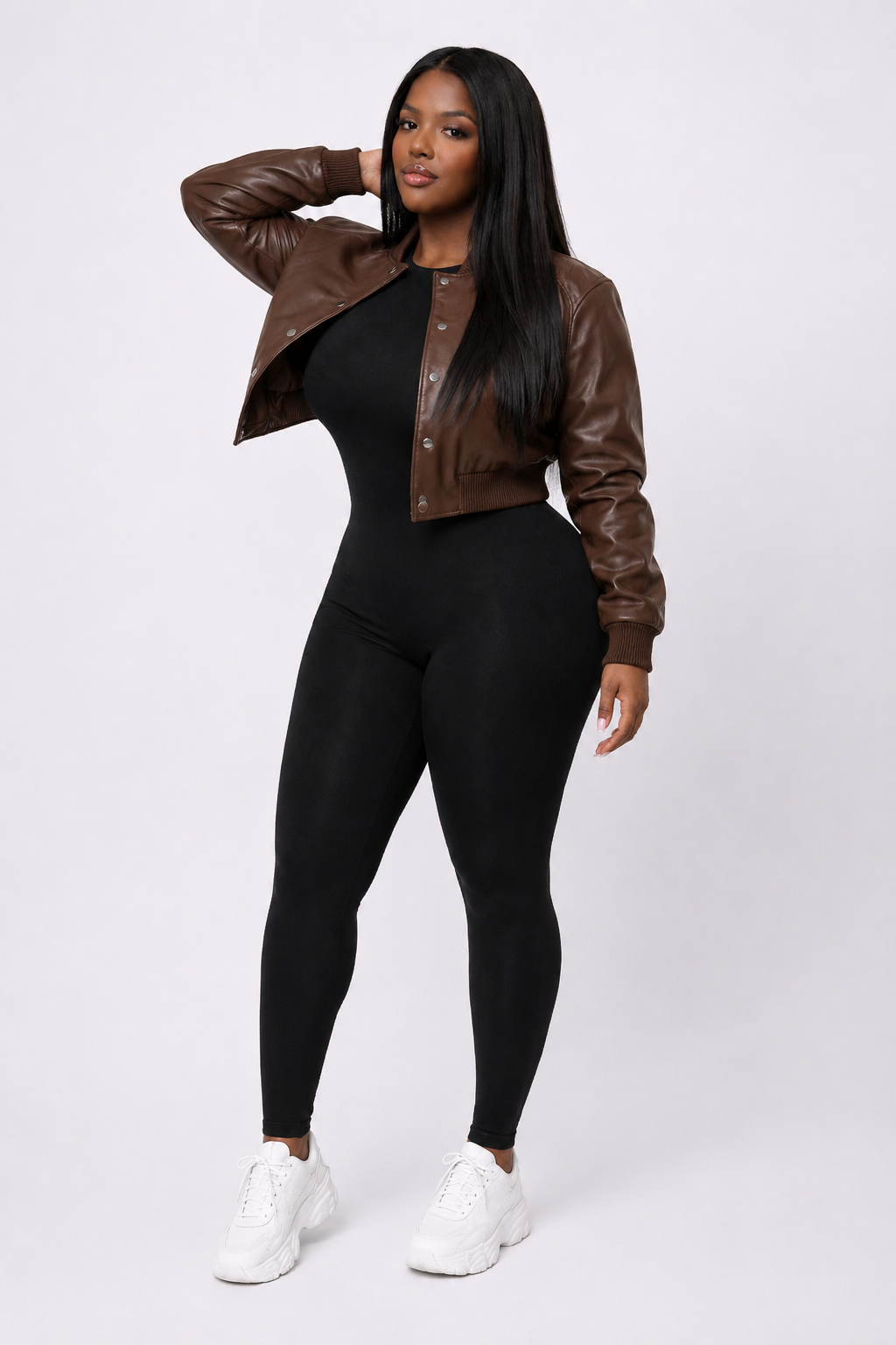 Women’s Crop Leather Bomber Jacket [Brown]