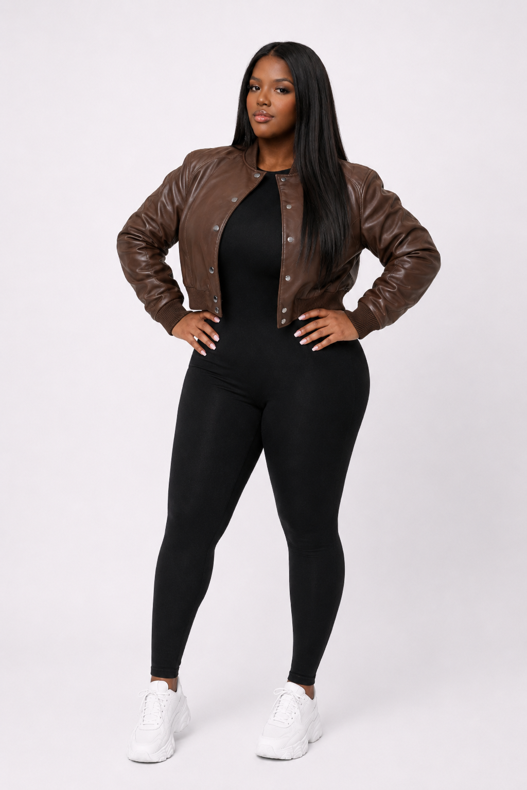 Women’s Crop Leather Bomber Jacket [Brown]