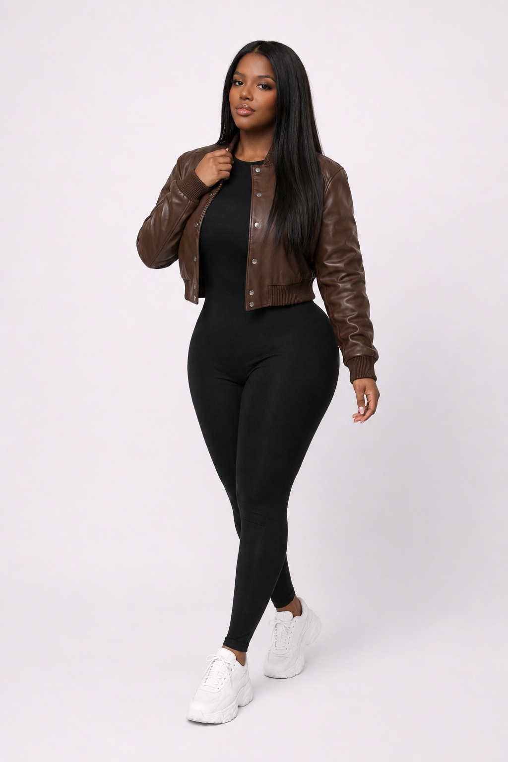 Women’s Crop Leather Bomber Jacket [Brown]