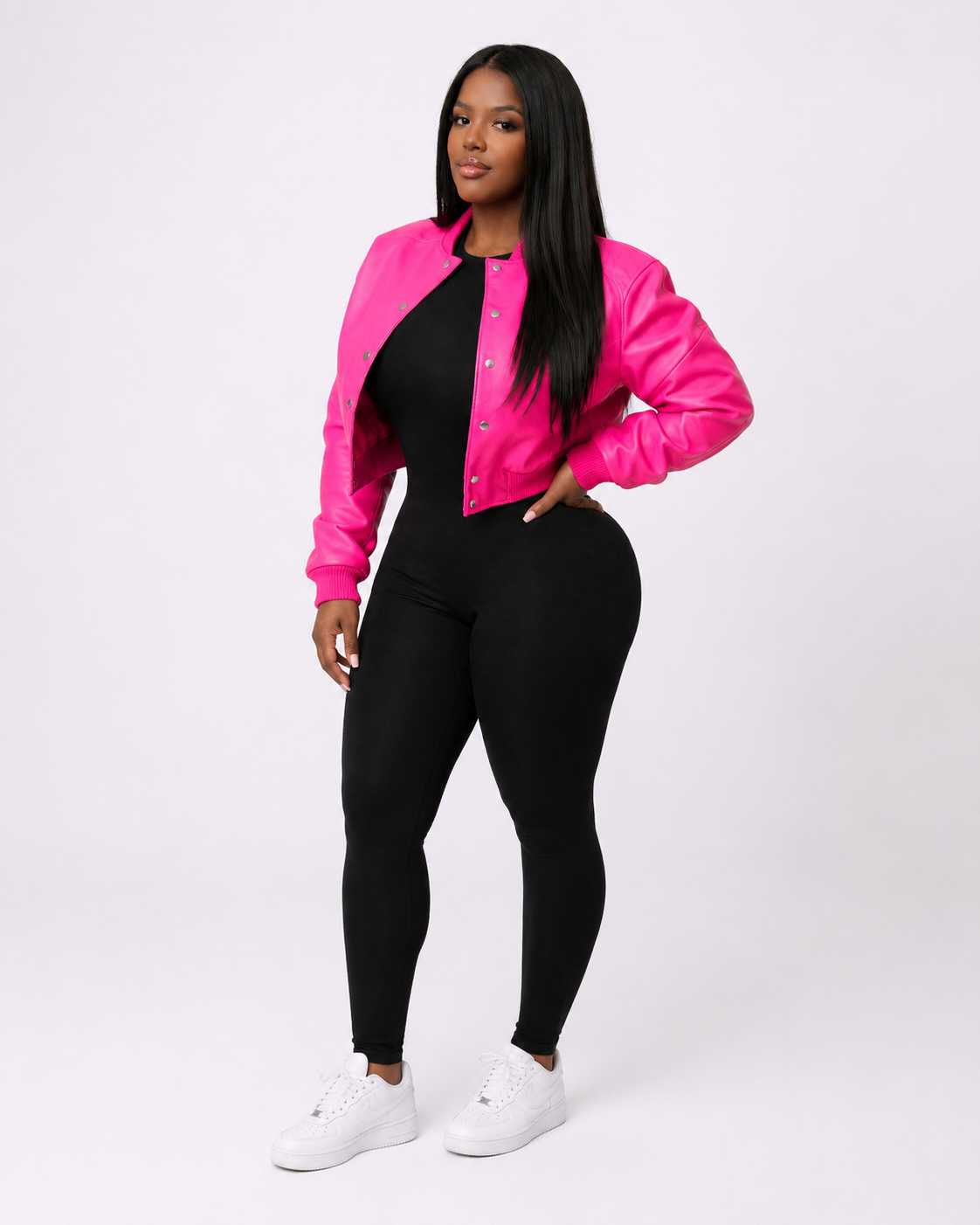 Women’s Crop Leather Bomber Jacket [Pink]
