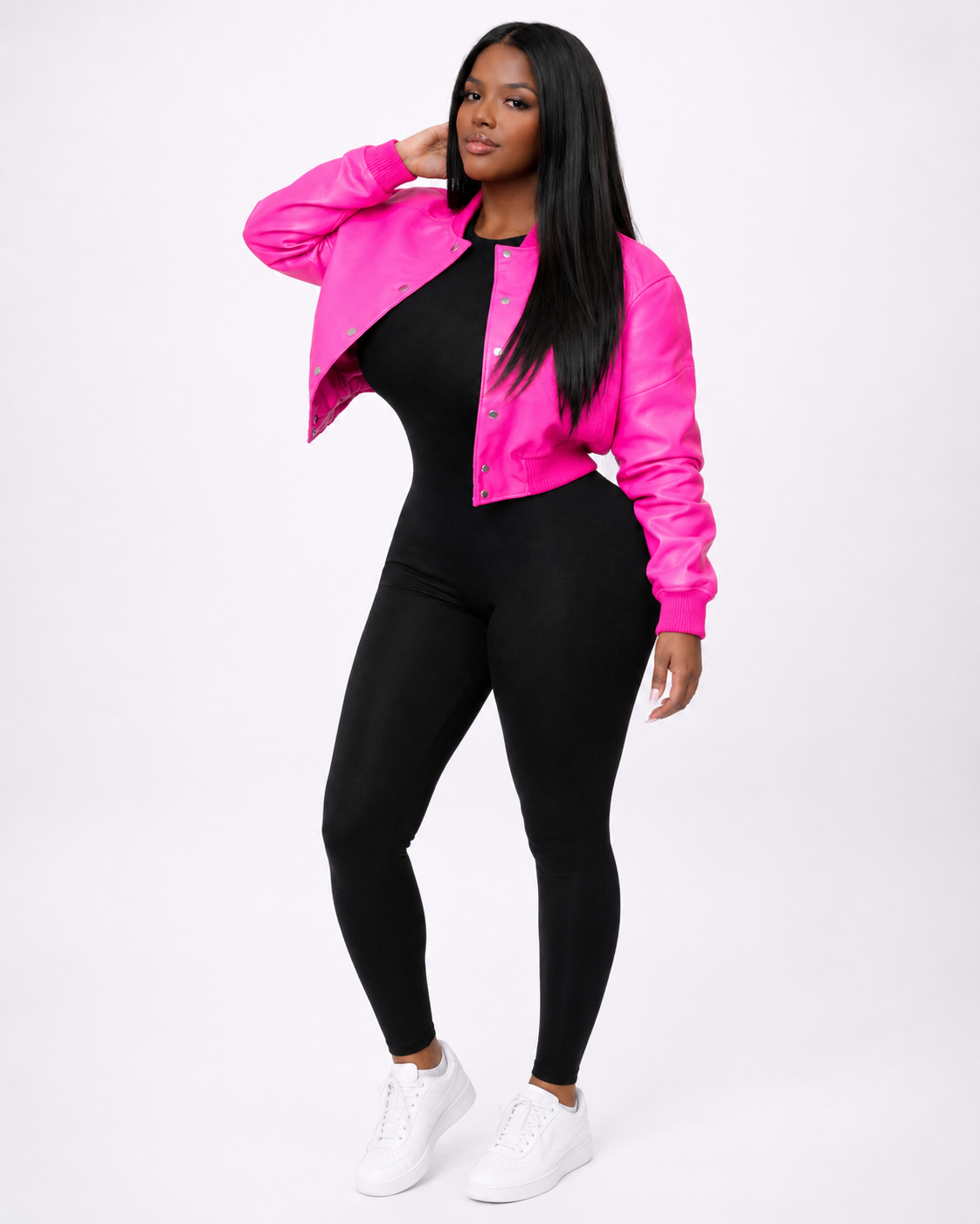 Women’s Crop Leather Bomber Jacket [Pink]