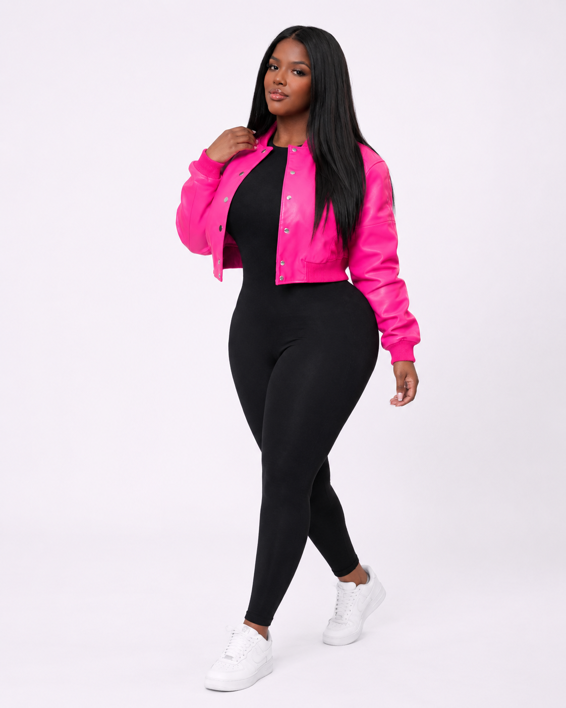 Women’s Crop Leather Bomber Jacket [Pink]