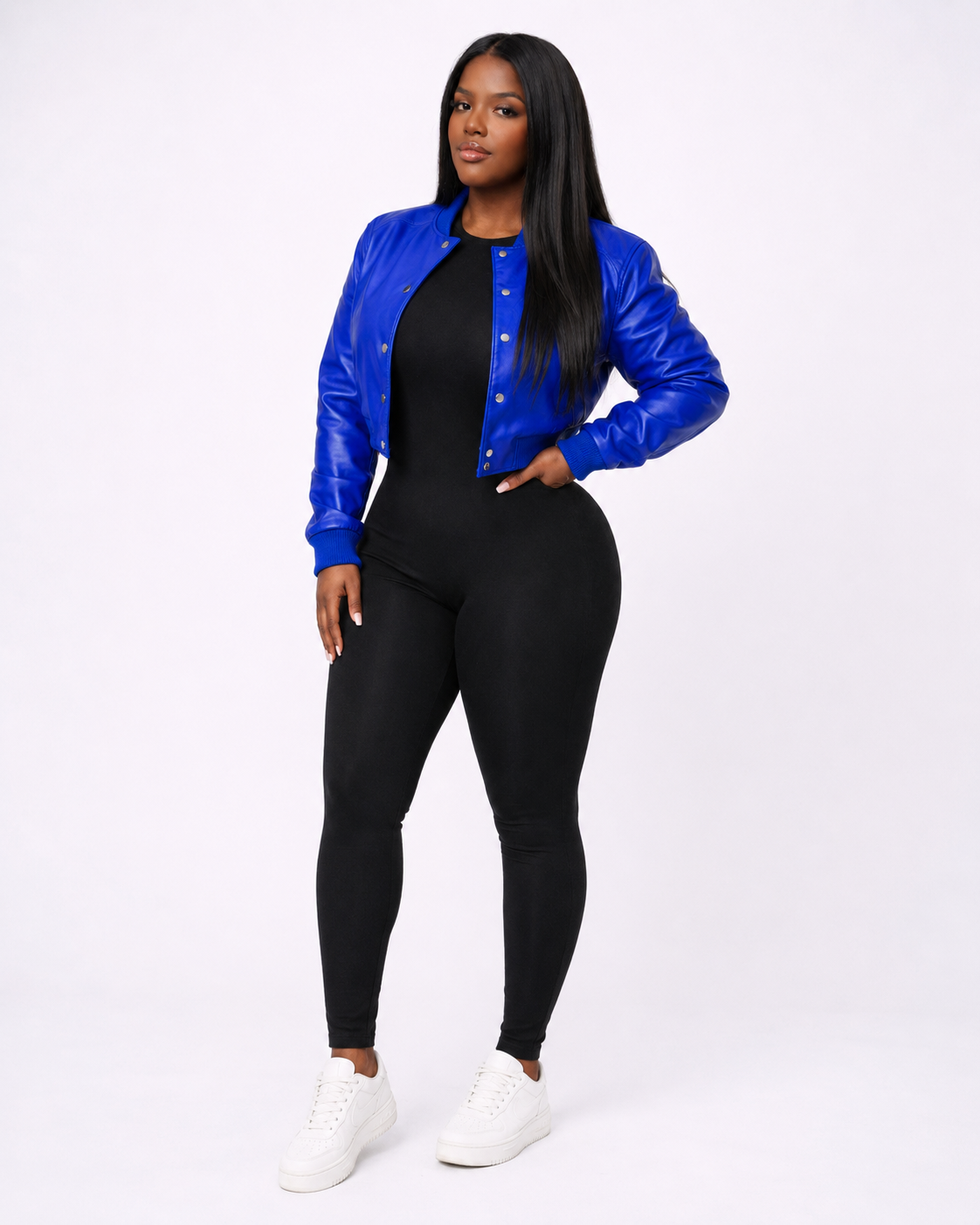 Women’s Crop Leather Bomber Jacket [Blue]