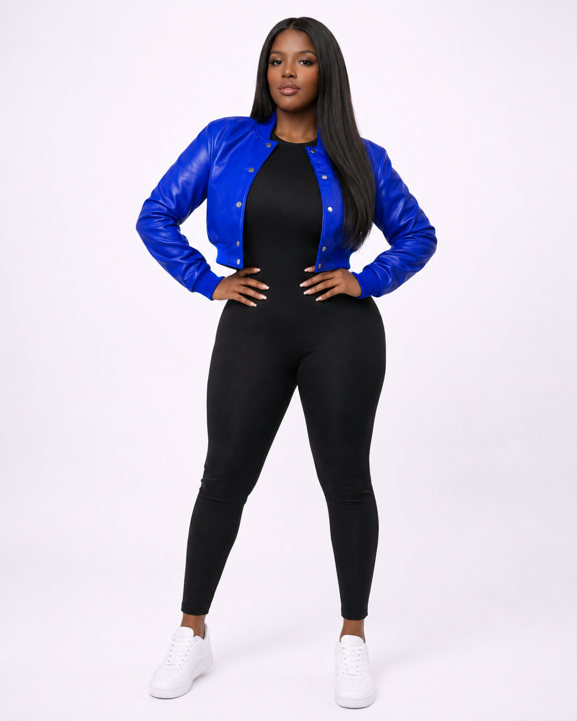 Women’s Crop Leather Bomber Jacket [Blue]